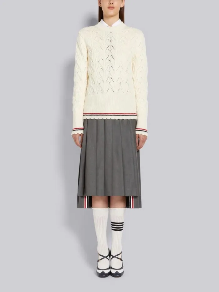Sustainable Merino Wool Pointelle Cable Knit Scallop Trim Pullover White Women Thom Browne Knitwear