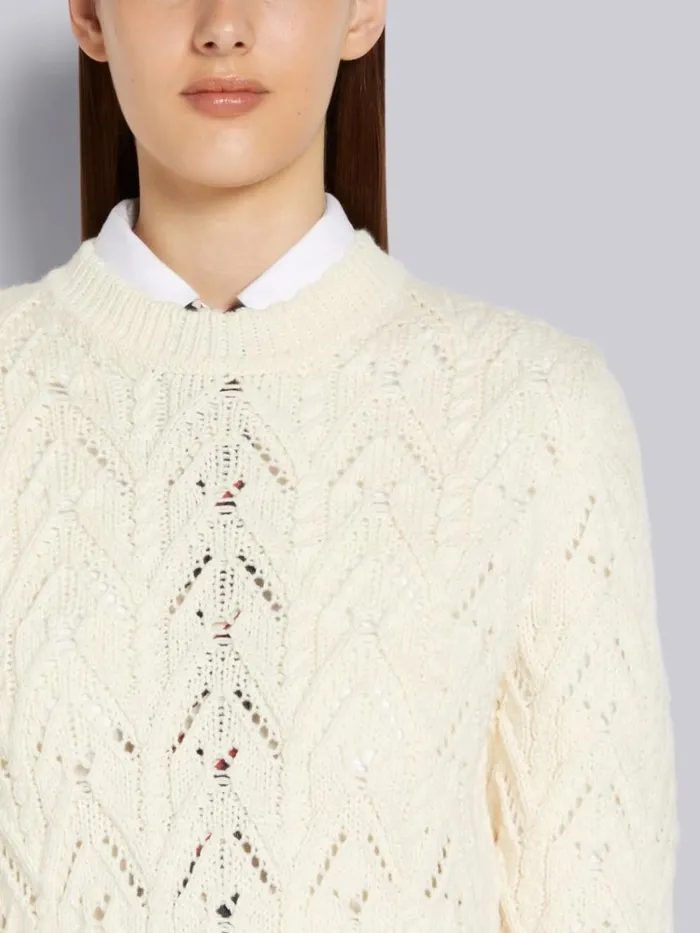 Sustainable Merino Wool Pointelle Cable Knit Scallop Trim Pullover White Women Thom Browne Knitwear