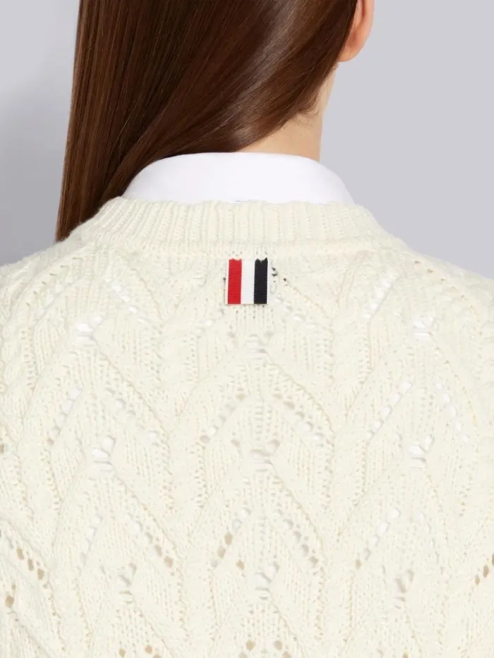 Sustainable Merino Wool Pointelle Cable Knit Scallop Trim Pullover White Women Thom Browne Knitwear