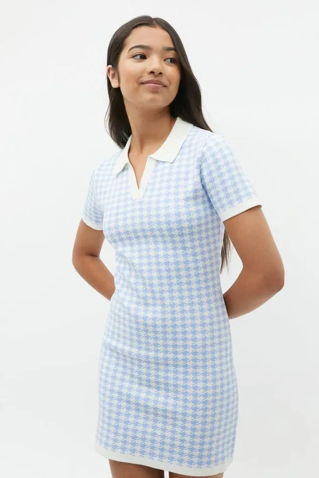 Teen Essentials Seed Heritage Houndstooth Knit Dress Blue Jay