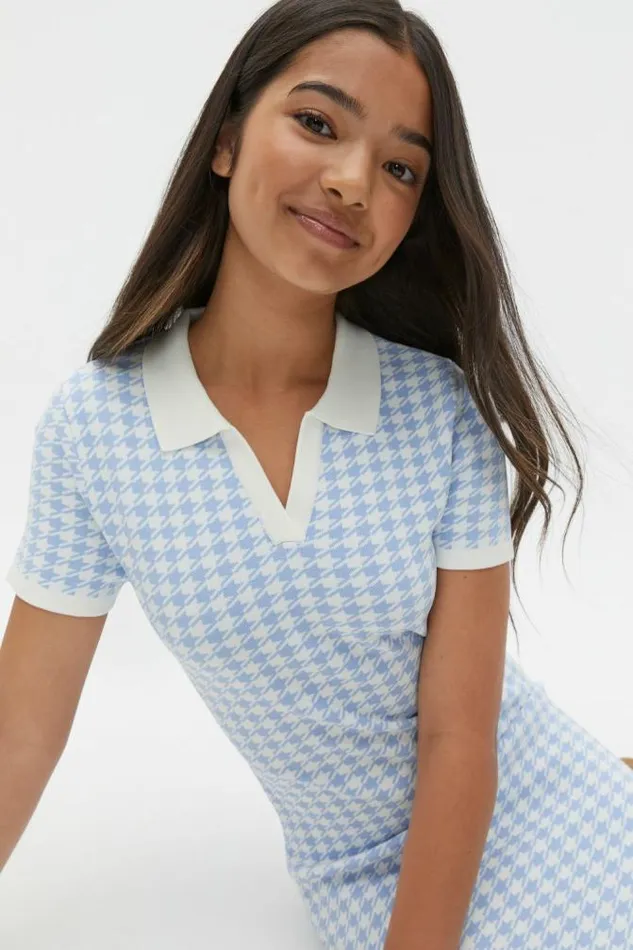 Teen Essentials Seed Heritage Houndstooth Knit Dress Blue Jay