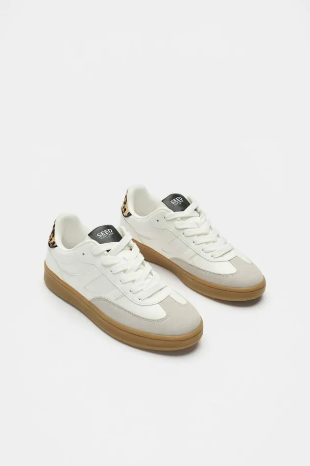 Teen Sneakers and Trainers Seed Heritage Classic Retro Trainer White Ocelot