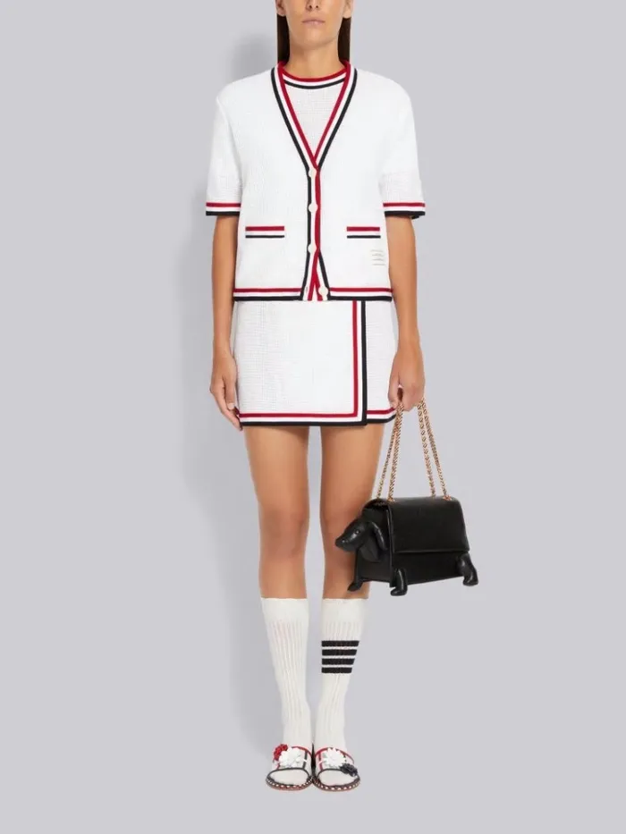 Textured Bicolor Cotton Check Stripe Framing Mini Wrap Skirt White Women Thom Browne Sweats