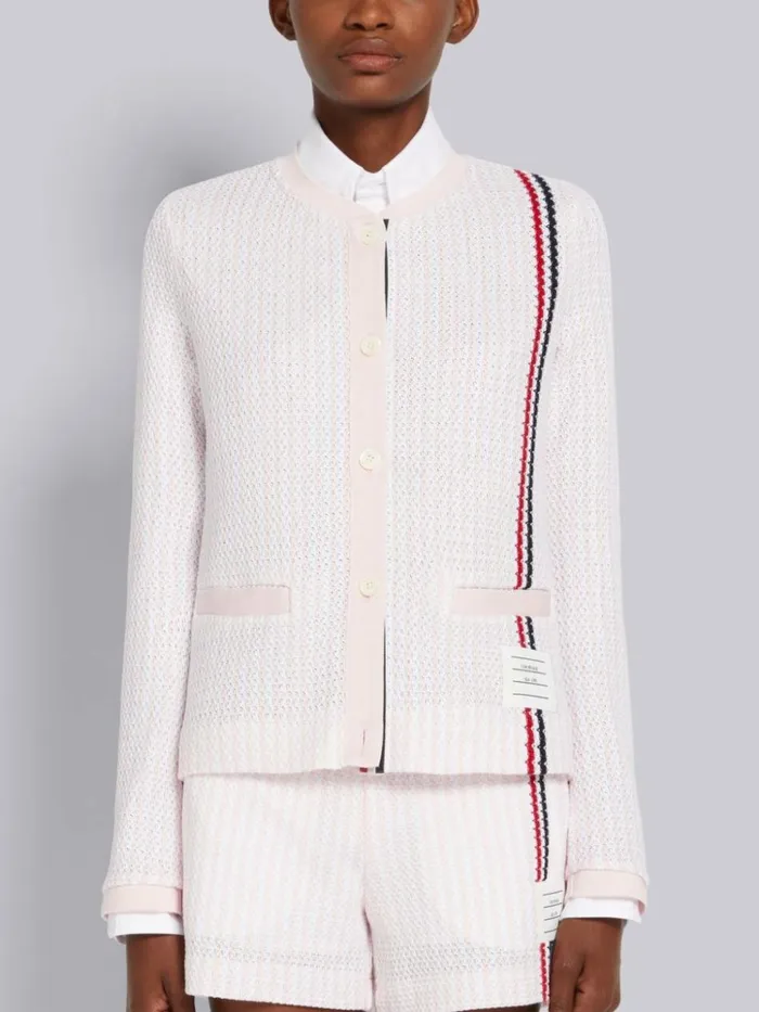University Stripe Cotton Tweed Engineered Stripe Crew Neck Cardigan Jacket Light Pink Women Thom Browne Knitwear
