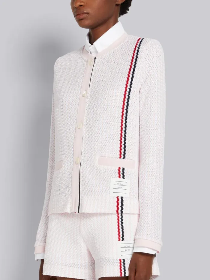 University Stripe Cotton Tweed Engineered Stripe Crew Neck Cardigan Jacket Light Pink Women Thom Browne Knitwear