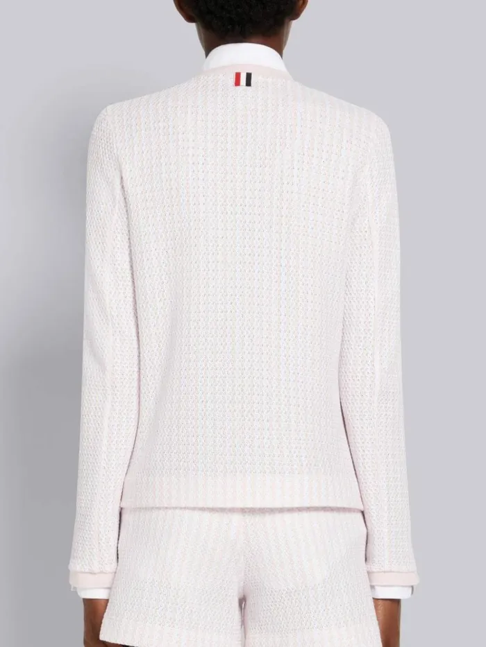 University Stripe Cotton Tweed Engineered Stripe Crew Neck Cardigan Jacket Light Pink Women Thom Browne Knitwear