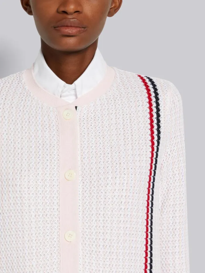 University Stripe Cotton Tweed Engineered Stripe Crew Neck Cardigan Jacket Light Pink Women Thom Browne Knitwear