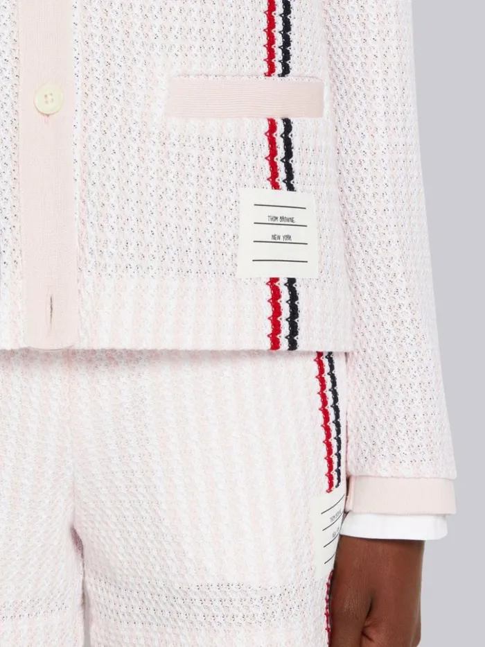 University Stripe Cotton Tweed Engineered Stripe Crew Neck Cardigan Jacket Light Pink Women Thom Browne Knitwear