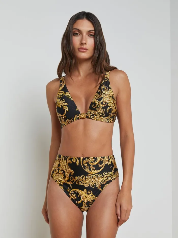 Vanessa HighWaisted Bikini Bottom Blackgold Barocco Swirl Women L039Agence Swimwear