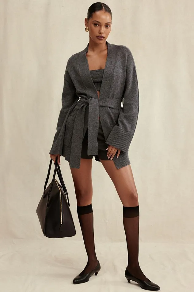 Women Alaia Charcoal Cashmere Blend Belted Cardigan House Of CB Tops