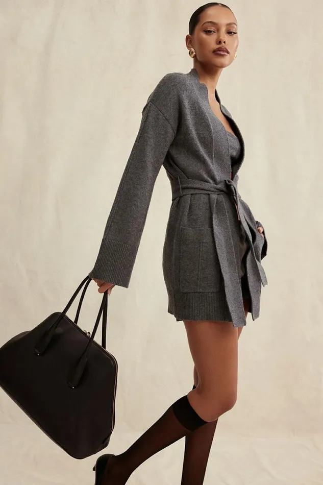 Women Alaia Charcoal Cashmere Blend Belted Cardigan House Of CB Tops