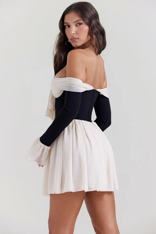 Women Alana Black and Cream Off Shoulder Dress House Of CB Dresses