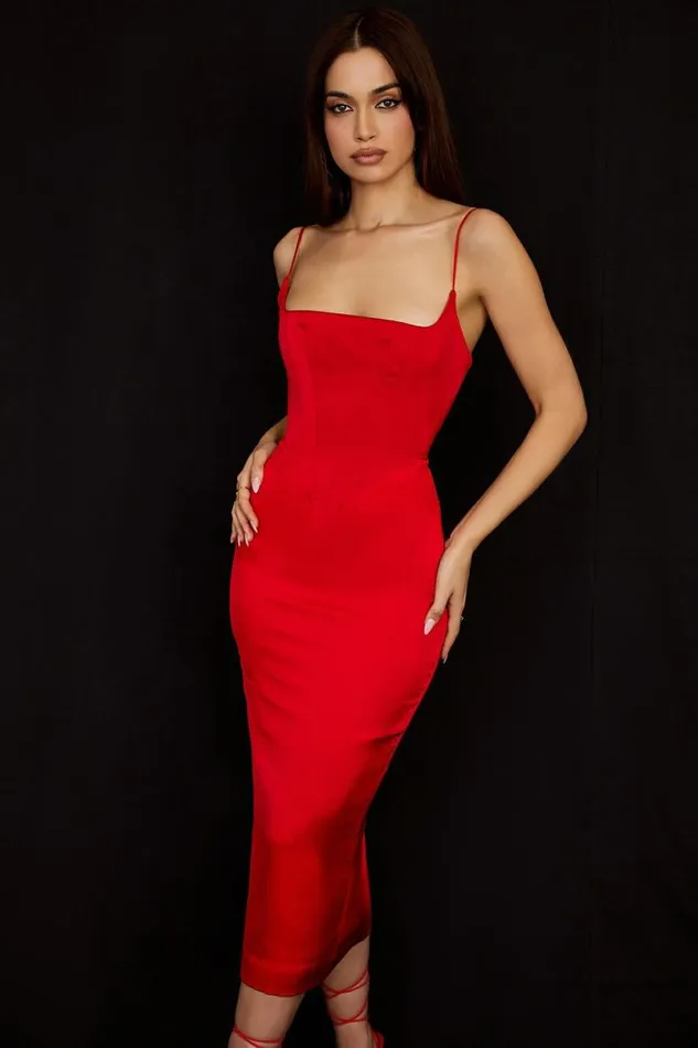 Women Anais Scarlet Satin Corset Midi Dress House Of CB Dresses