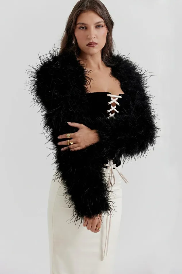 Women Ash Black Marabou Sleeve Jacket House Of CB Outerwear