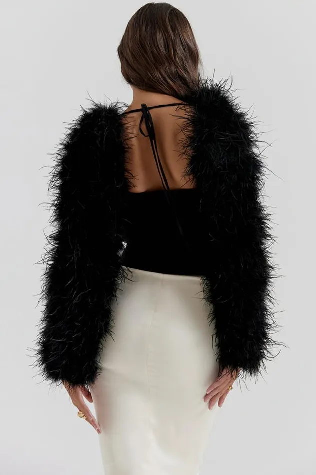 Women Ash Black Marabou Sleeve Jacket House Of CB Outerwear