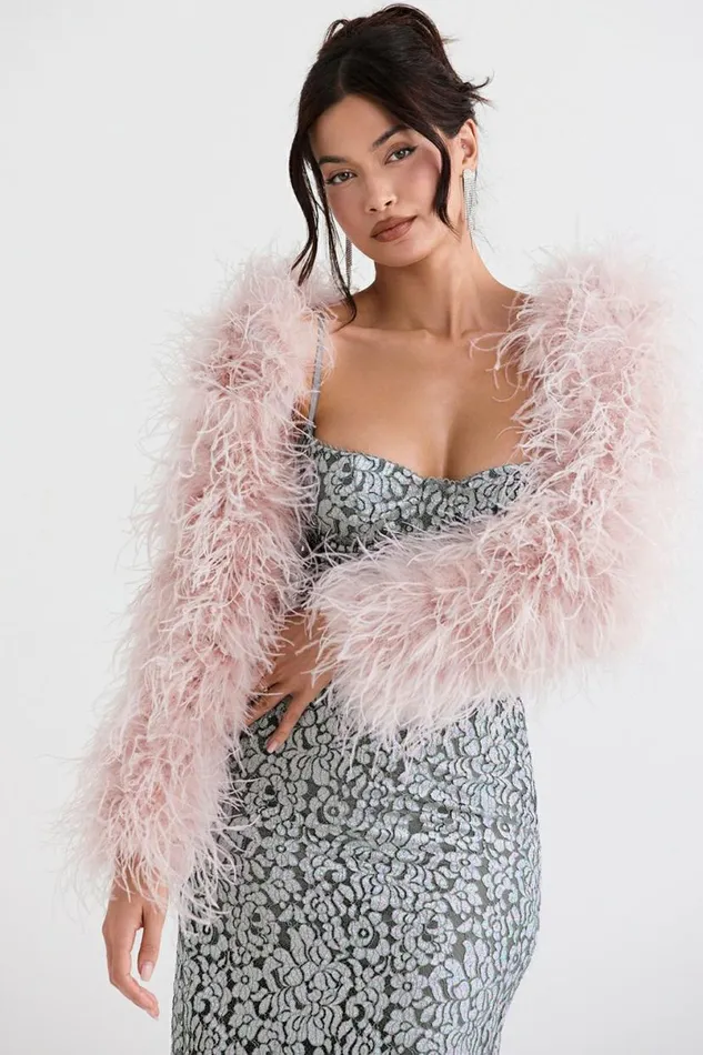 Women Ash Soft Pink Marabou Sleeve Jacket House Of CB Outerwear