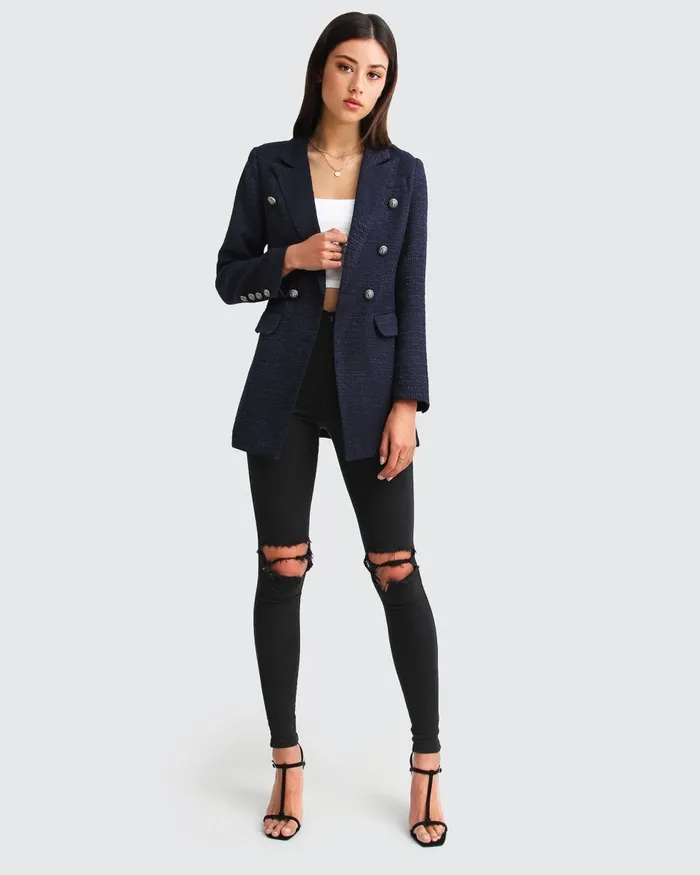 Women Belle and Bloom Princess Polina Textured Weave Blazer 8211 Navy Coats and Jackets