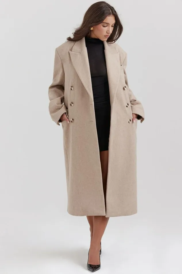 Women Carter Oatmeal Double Breasted Coat House Of CB Outerwear