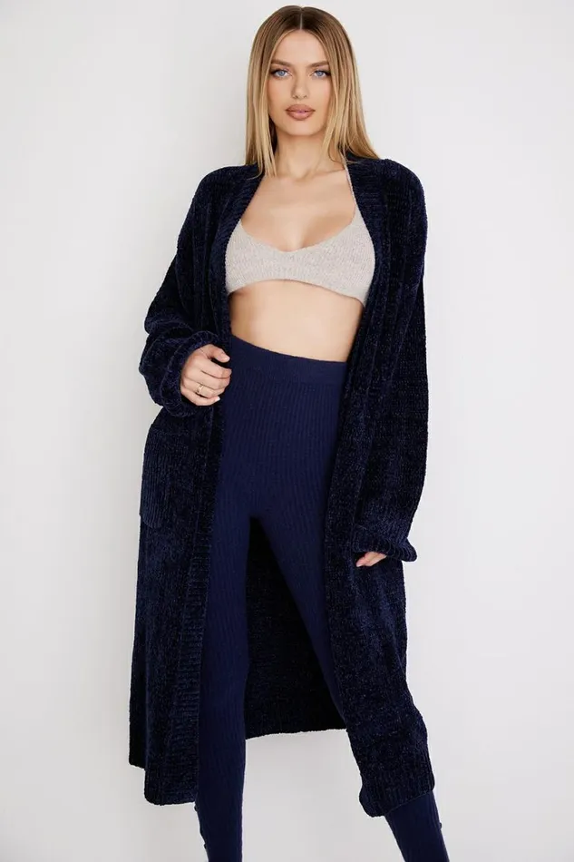 Women Celine Navy Chenille Slouchy Cardigan House Of CB Outerwear