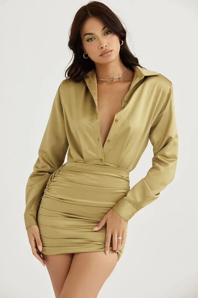 Women Christy Olive Satin Shirt Dress House Of CB Dresses