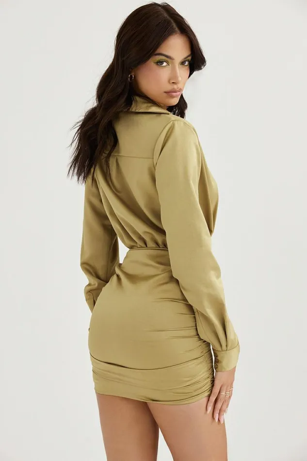 Women Christy Olive Satin Shirt Dress House Of CB Dresses Women Christy Olive Satin Shirt Dress House Of CB Dresses