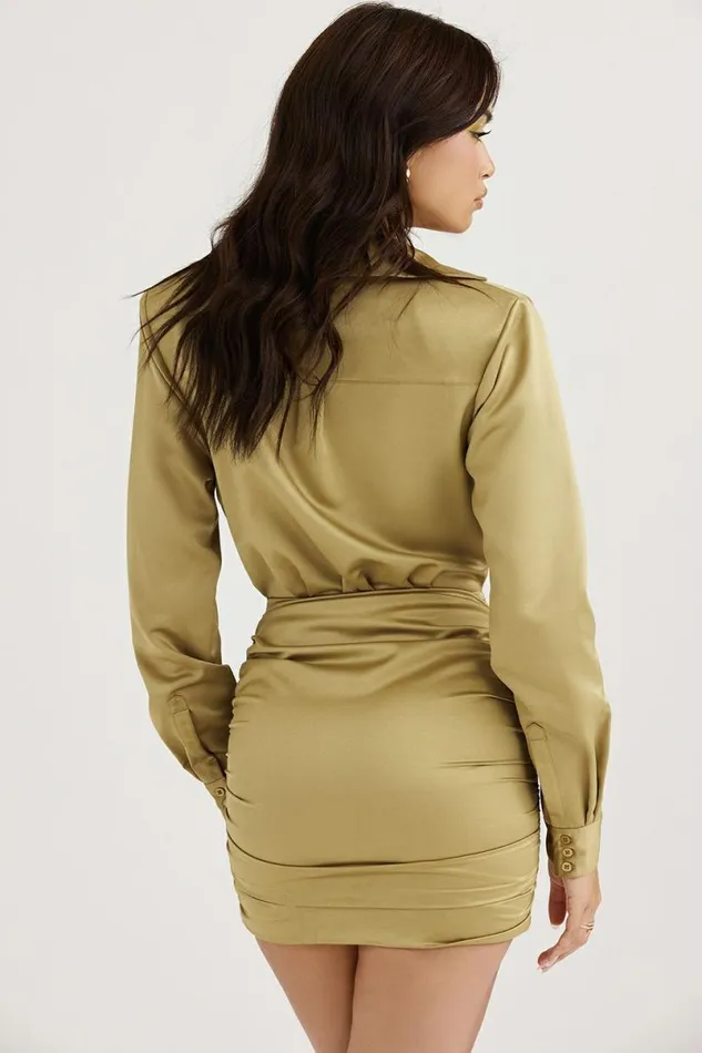 Women Christy Olive Satin Shirt Dress House Of CB Dresses Women Christy Olive Satin Shirt Dress House Of CB Dresses