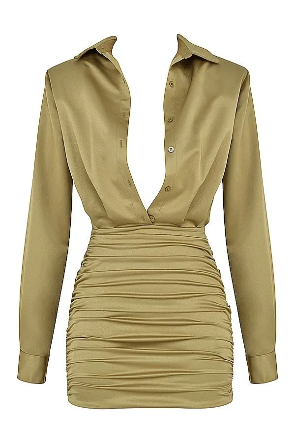 Women Christy Olive Satin Shirt Dress House Of CB Dresses Women Christy Olive Satin Shirt Dress House Of CB Dresses