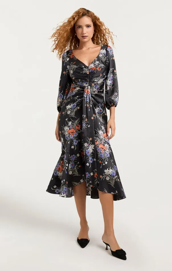 Women Cinq Sept Dresses Three Quarter Sleeve Walker Dress Obsidian Multi