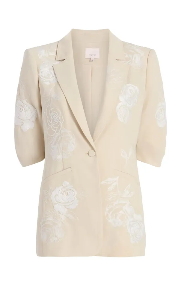 Women Cinq Sept Jackets and Blazers Floating Roses Embellished Short Sleeve Khloe Blazer Plasterivory