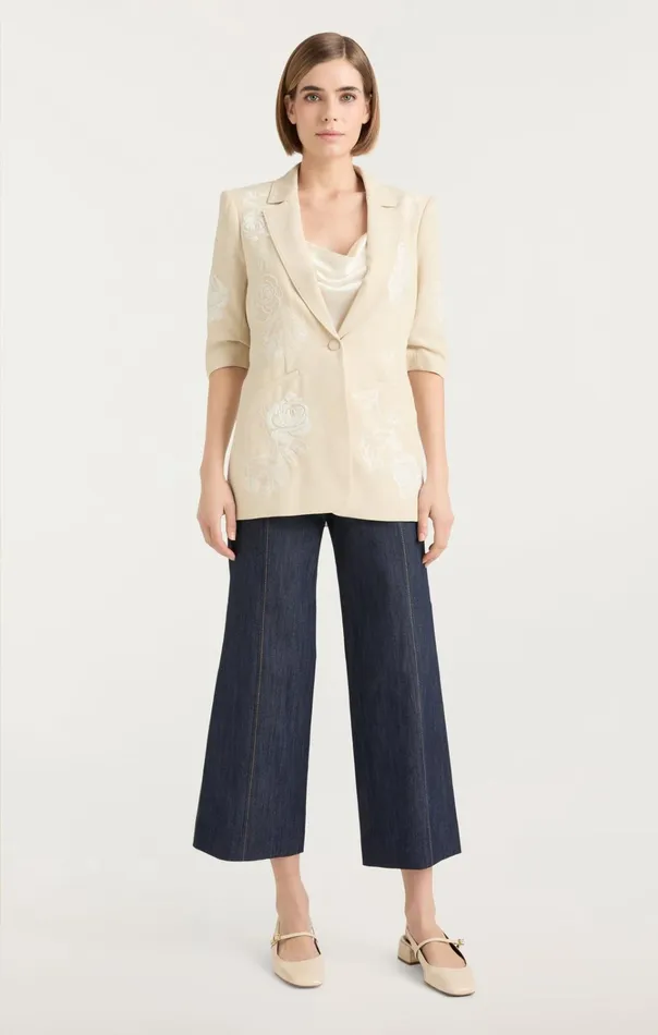 Women Cinq Sept Jackets and Blazers Floating Roses Embellished Short Sleeve Khloe Blazer Plasterivory