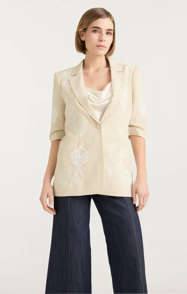 Women Cinq Sept Jackets and Blazers Floating Roses Embellished Short Sleeve Khloe Blazer Plasterivory