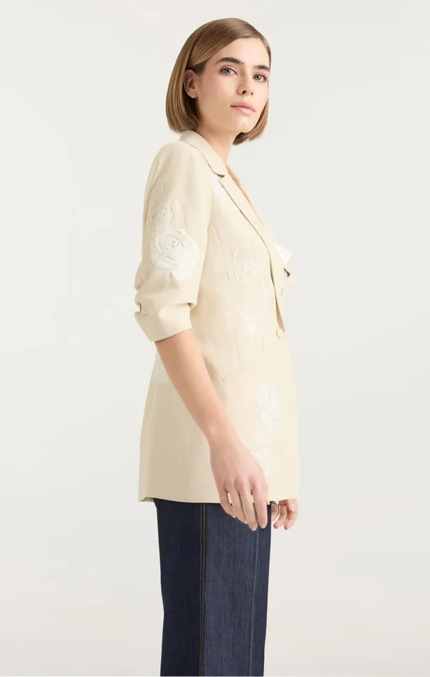 Women Cinq Sept Jackets and Blazers Floating Roses Embellished Short Sleeve Khloe Blazer Plasterivory