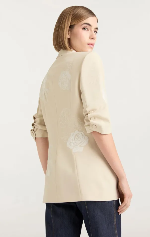Women Cinq Sept Jackets and Blazers Floating Roses Embellished Short Sleeve Khloe Blazer Plasterivory
