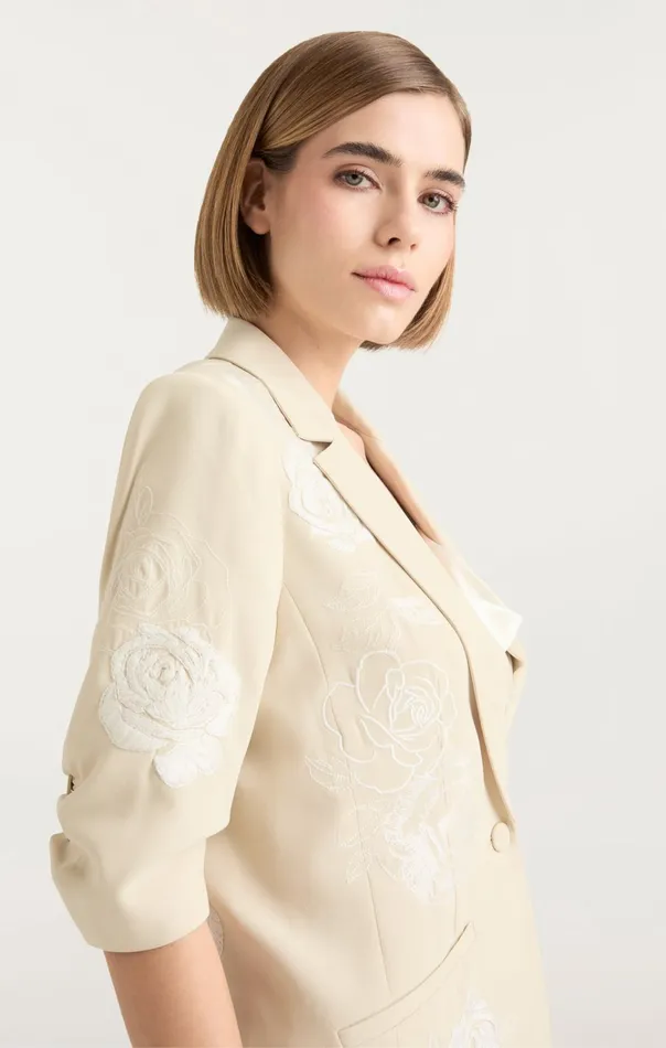 Women Cinq Sept Jackets and Blazers Floating Roses Embellished Short Sleeve Khloe Blazer Plasterivory