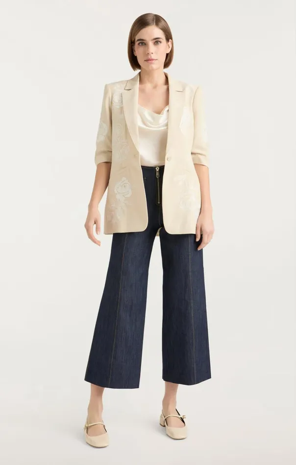 Women Cinq Sept Jackets and Blazers Floating Roses Embellished Short Sleeve Khloe Blazer Plasterivory