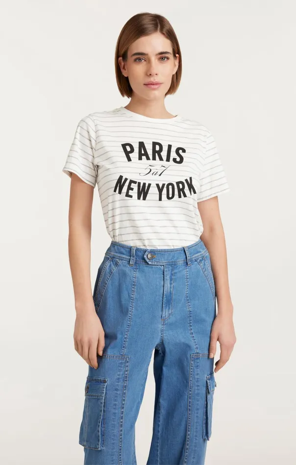 Women Cinq Sept Tops Melange Stripe Paris New York Tee Ivoryheather Grey