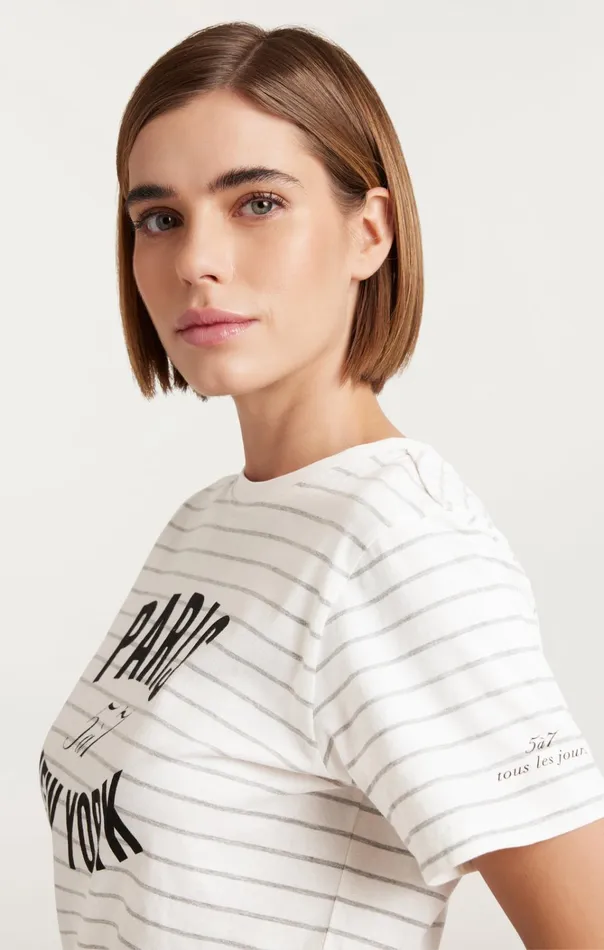 Women Cinq Sept Tops Melange Stripe Paris New York Tee Ivoryheather Grey
