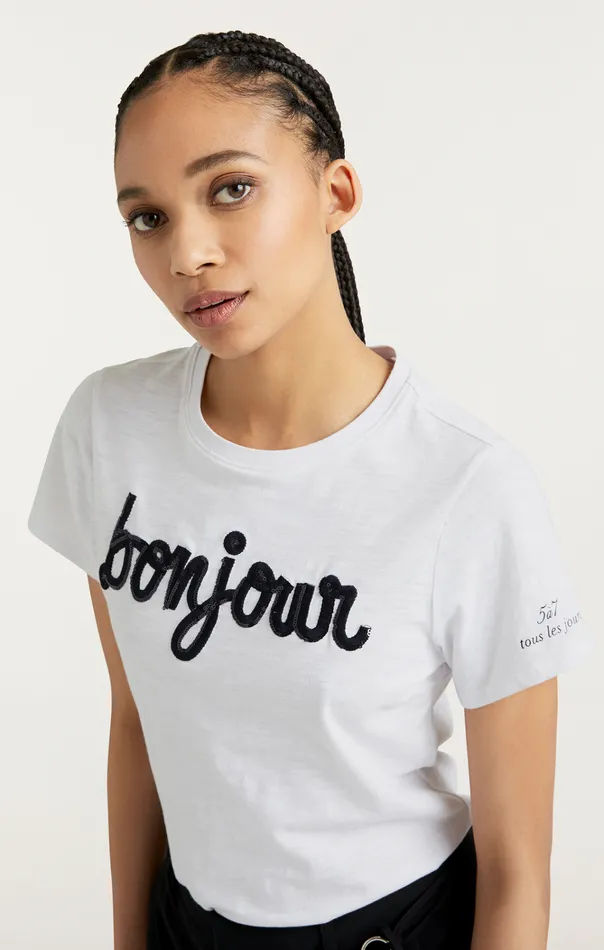 Women Cinq Sept Tops Shrunken Fringe Bonjour Tee Whiteblack