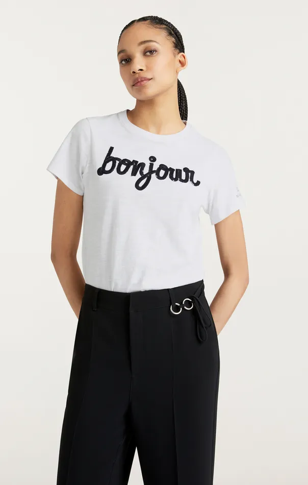 Women Cinq Sept Tops Shrunken Fringe Bonjour Tee Whiteblack