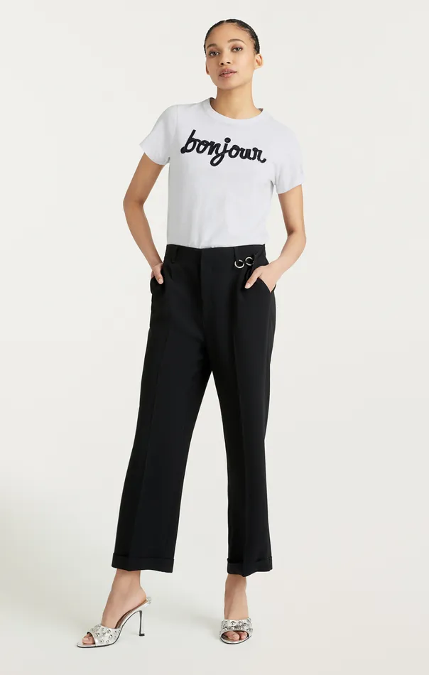 Women Cinq Sept Tops Shrunken Fringe Bonjour Tee Whiteblack