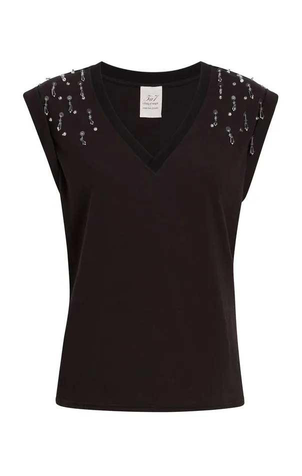 Women Cinq Sept Tops Teardrop Crystal Embellished VNeck Bella Tee Black Multi