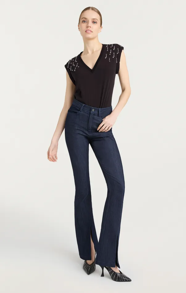 Women Cinq Sept Tops Teardrop Crystal Embellished VNeck Bella Tee Black Multi