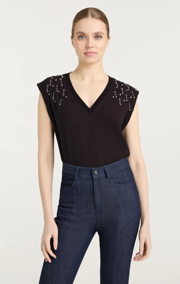 Women Cinq Sept Tops Teardrop Crystal Embellished VNeck Bella Tee Black Multi