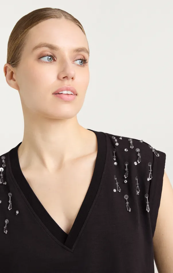 Women Cinq Sept Tops Teardrop Crystal Embellished VNeck Bella Tee Black Multi