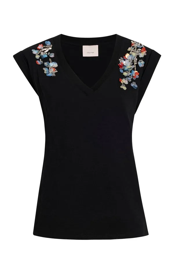 Women Cinq Sept Tops VNeck Bella Tee Sequin Flower Black Multi