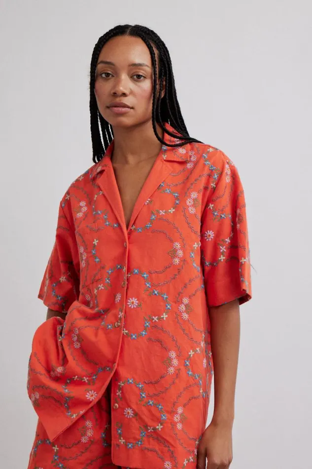 Women Coords Damson Madder Tablecloth Shirt 8211 Red Flower Embroidery
