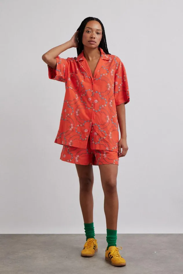 Women Coords Damson Madder Tablecloth Shirt 8211 Red Flower Embroidery