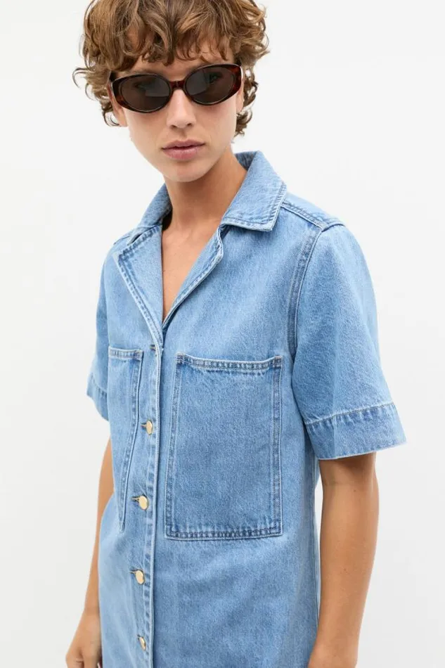 Women Denim Seed Heritage Denim Button Through Mini Dress Mist Blue Wash