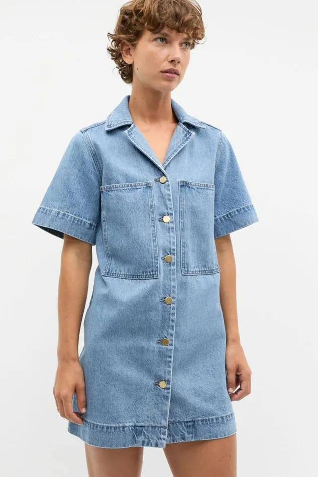 Women Denim Seed Heritage Denim Button Through Mini Dress Mist Blue Wash