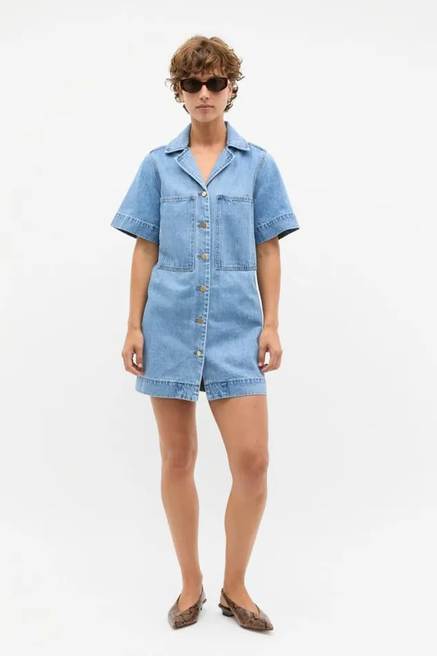 Women Denim Seed Heritage Denim Button Through Mini Dress Mist Blue Wash